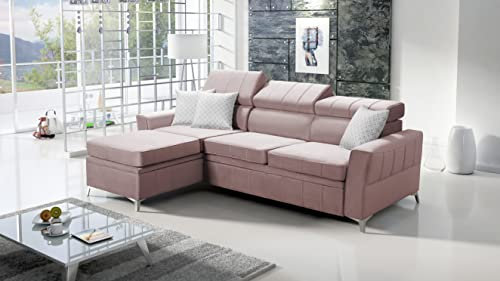 All4All Ecksofa mit Schlaffunktion Bari 244x174 cm - Eckcouch mit Bettkasten - Sofa in L-Form - Schlafsofa Klein - Linke Seite - Rosa - Velvetstoff - Modern 26