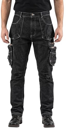 NEO TOOLS Pantalon de travail 5 poches denim noir, 98% coton, 2% élasthanne, poches multifonctionnelles, insert confort à l'entrejambe et au-dessous du genou, genou profilé, taille M