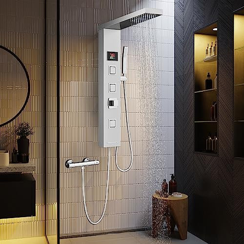 LED Colonne Panneau de Douche Hydromassante sans Mitigeur et Batterie, avec Affichage de la Température, Douche Pluie, Jets de Massage, Douchette à Main et Bec de Baignoire, Acier inox 304, Brossée