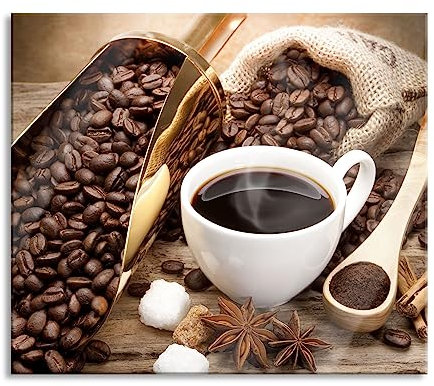Edler Kaffee und Kaffeebohnen Herdabdeckplatte & Spritzschutz aus Echtglas | Für Herd-Kochfelder | 60x52 cm