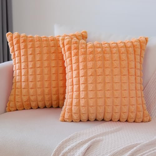 Soleebee 2er Set Plüsch Samt Kissenbezüge, Weiche Künstliche Pelz Plaid Textur Kissenbezug Sofa Zierkissenbezüge Dekokissen Kissenhülle Set für Couch Schlafzimmer Zuhause Dekor (45x45cm, Orange)