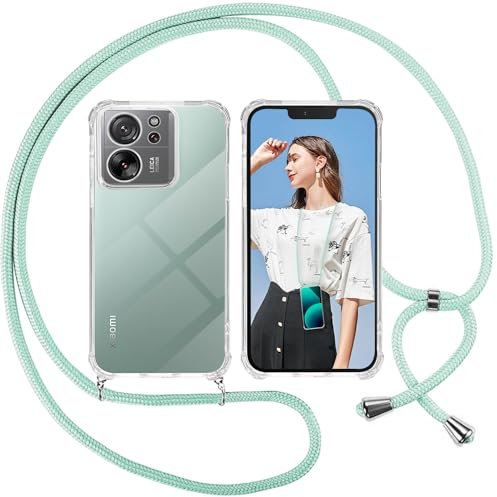 ISOI Funda con Cuerda para Xiaomi 13T / Xiaomi 13T Pro, Carcasa Transparente TPU Suave Silicona Case con Correa Colgante Ajustable Collar Correa de Cuello Cadena Cordón, Verde