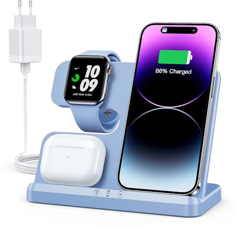 JARGOU Cargador Inalambrico 3 en 1 para iPhone/Apple Watch/AirPods, Estación de Carga Apple para iPhone 15 14 13 12 11 Pro MAX/XR/8, Wireless Charger per iWatch 9/Ultra 2/SE/8/7/6/5/4/AirPods(Azul)