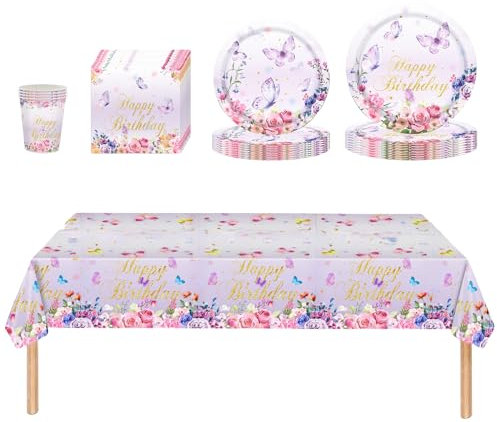 69Pcs Spring Party Tableware Set,Plates Cups and Napkins,Tablecloth,Floral and Butterfly Birthday Party Tableware for Kids Women Happy Birthday Parties Decorations Supplies