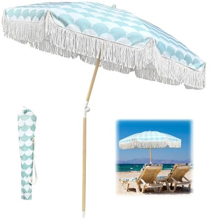 Sombrilla De Playa Con Flecos, Sombrilla Terraza Exterior 200 Plegable, Sombrilla Vintage Flecos Portátil, Sombrilla Mesa Jardin Inclinable Protección Solar UV50, Para Piscina Mercado Patio