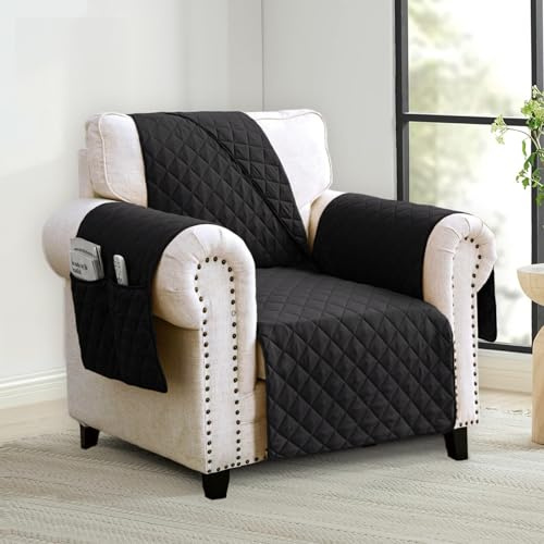 Homebliss 1-sits vattentätt fåtöljöverdrag med armstöd, reptåligt och fläcksäkert fåtöljskydd, vändbart sofföverdrag, svart
