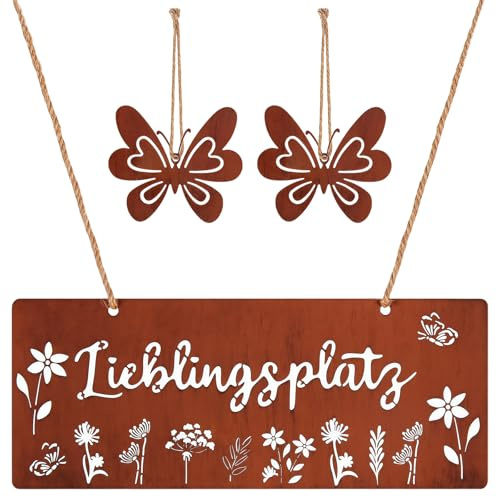 Lieblingsplatz Schild Rostfarbe Gartendeko Rost mit 2 Schmetterling Dekos, Gartenschilder für Draußen Wetterfest Rostdeko für Garten, Vintage deko Vintage Rost Wandschild Türschild