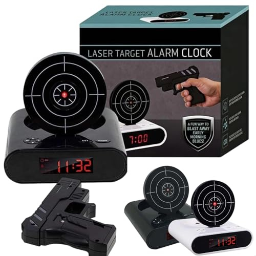 Gun and Target Wake Shot Alarm Clock – Interaktiver Zielscheiben Wecker mit Pistole, LED Digitalanzeige, 2 Modi anpassbaren Klingeltönen, Kreativer Gaming Wecker für Schlafzimmer Büro (Schwarz)