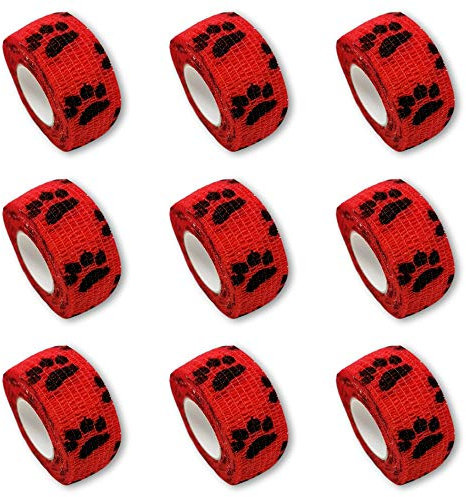9er-Set Kinderpflaster | Fingerverband | Pflasterverband | Pflaster ohne Kleber - Motiv Pfote rot - 2,5cm x 4,5m - elastisch, wasserabweisend, kohäsiv …