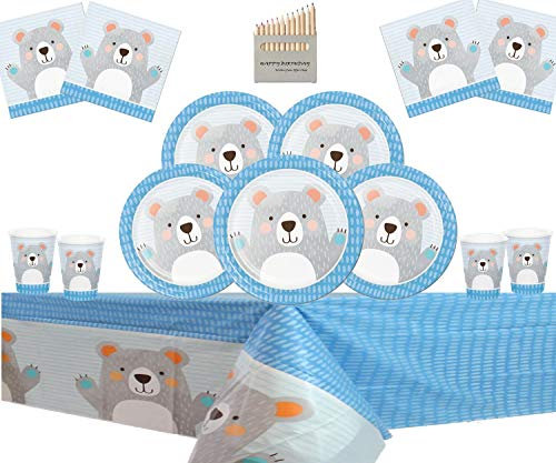 Rifornimenti del Partito dell'orso di Compleanno Stoviglie del Partito dell'orso di Compleanno per 16 Ospiti - Arctic Teddy Bear Party Plates Cups Napkins Tablecloth