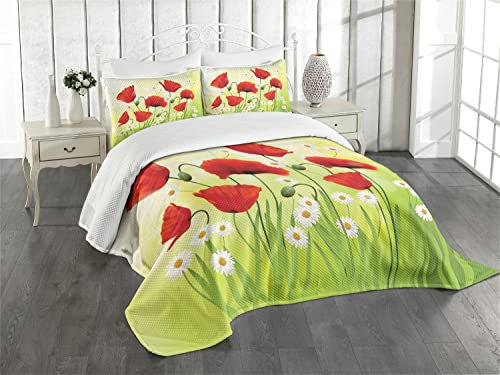 ABAKUHAUS Mohn Tagesdecke Set, Floral Kamille Mohn, Set mit Kissenbezügen luftdurchlässig, für Doppelbetten 220 x 220 cm, Orange Lila Blau