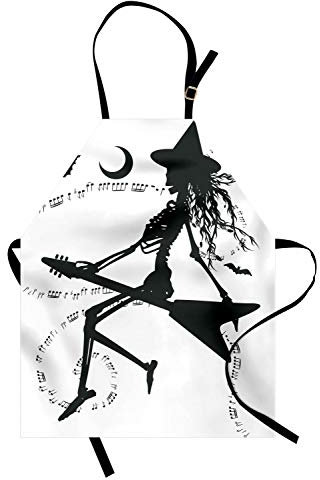 ABAKUHAUS Música Delantal de Cocina, Bruja En La Guitarra, Colores Nítidos Altura Ajustable Estampa Lavable, Blanco Negro