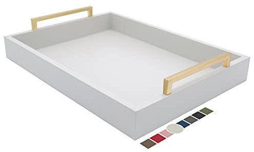 Montecito Home Dekoratives Couchtisch-Tablett – Ottoman-Tablett – Frühstück, Getränke, Likör-Servierplatte – von Bauernhaus bis Modern – mattes Finish – Champagner-Goldgriffe – Harbor Grey