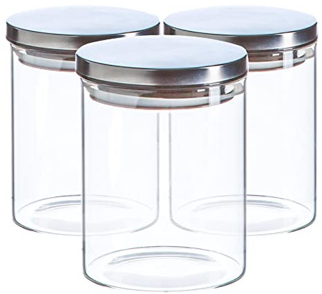 Argon Tableware Scandi Storage Jars with Metallic Silver Lids - 750ml - 3 Pack - Modern Round Organisation Container Glass Jar for Kitchens, Pantry, Bathrooms, Utility Rooms