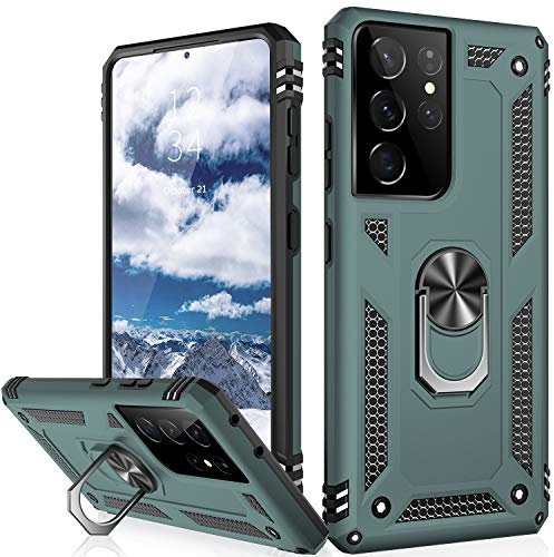 IKAZZ for Galaxy S21 Ultra Case,Military Grade Shockproof Heavy Duty Protective Phone Cover Pass 16ft Drop Test with Magnetic Kickstand Car Mount Holder Pine Green