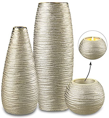 Gold Blumenvase für Pampasgras Blumen 3er-Set, Keramik-Blumenvase, dekorative Vase für Zuhause, Tischarrangement, Keramikvase, Wohnzimmer, Büro und Hochzeit oder weihnachtliche Tischdekoration