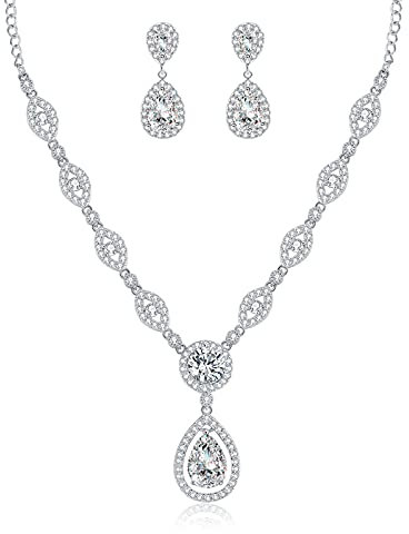 wynn's Wedding Jewellery Set for Women, Silver Necklace Dangle Earrings Set, White Gold Bridal Jewellery Set with White AAAAA Cubic Zirconia, Allergy Free Party Jewellery Set for Bridal Bridesmaid