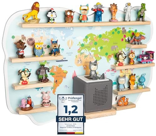 bunnyboo Toniebox Regal - für bis zu 45 Tonies - Testsieger 2024 - Magnetisches Regal für Toniebox und Figuren - geprüfte Qualität - Für Jungen und Mädchen (Weltkarte)