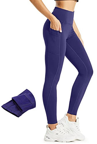 Comallan Damen Winter Thermo Leggings, Wasserdicht Lauf Sport Tights Laufhose Wanderhosen Training Hose Mit Fleece gefüttert und Taschen, Marineblau XL