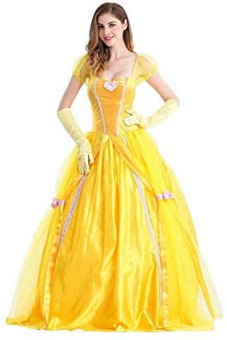 Femme Déguisement de Princesse Belle Robe La Belle et la Bête Adulte Costume de Belle Fancy Dress Up Déguisement Jaune Halloween Carnaval Soirée Fête Noël Robe avec Gants Jaune L