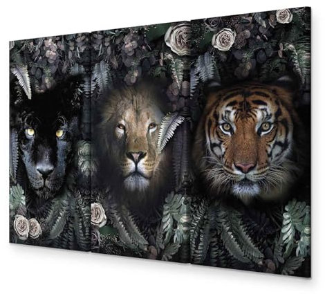 murando - Wandbilder XXL Tiere 135x90 cm Vlies Leinwandbild 3 Teilig Kunstdruck modern Wandbilder XXL Wanddekoration Design Wand Bild - Gesicht Porträt Jaguar Wolf Tiger Blumen Fern