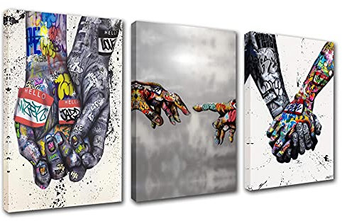 Banksy Graffiti-Leinwand, Graffiti-Wandkunst, Aamd-Hand des Gottes, Gemälde für Schlafzimmer, Hand in Hand, nordische Kunstwerke, 3-teilig, Heimdekoration, gerahmt, fertig zum Aufhängen,Poster Drucke