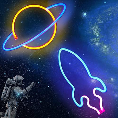 MULEVIP Pack de 2 Planeta, Cohete - Luces de Neón LED,Luces de Neón Señales para Pared,Decoración de Pared Funciona con Pilas o USB,para Dormitorio,Habitación de Niños,Bar,Fiesta,Navidad,Boda