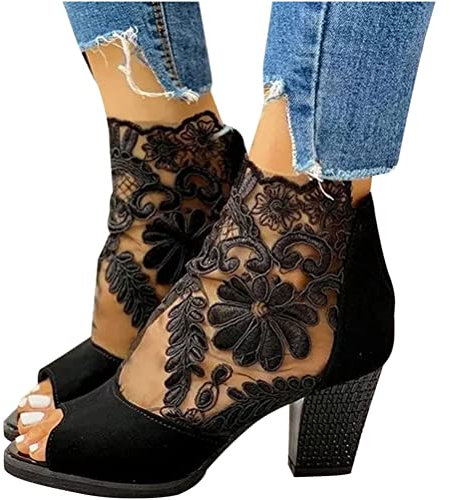 ORANDESIGNE Stivaletti con Tacco Spesso in Pizzo Cavo, Sandali Leggeri Estivi alla Moda da Donna Dietro Stivaletti Corti con Cerniera Punta Tonda Stivali A metà Polpaccio Scarpe C Nero 39 EU