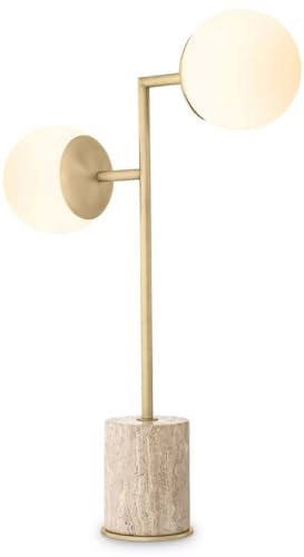 Casa Padrino Luxus Tischleuchte Travertin/Antik Messing/Weiß 51 x H. 70 cm - Schreibtischleuchte mit Travertin Sockel und Glas Lampenschirmen - Luxus Leuchten - Luxus Möbel - Luxus Interior