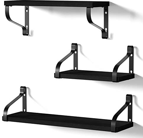 Love-KANKEI Floating Shelves Wall Mounted - Rustic Wood Wall Shelves Set of 3 for Bedroom Living Room Bathroom Kitchen (Black)