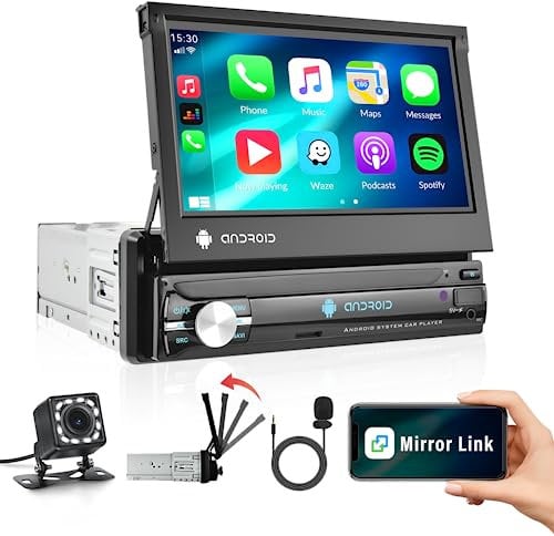 RDS Android 13 Single Din Autoradio mit Bluetooth Freisprecheinrichtung,7 Zoll 1 Din Bildschirm Ausfahrbarem Display mit GPS Navi WiFi Mirror Link FM/RDS Dual USB/Fast Change SWC Rückfahrkamera