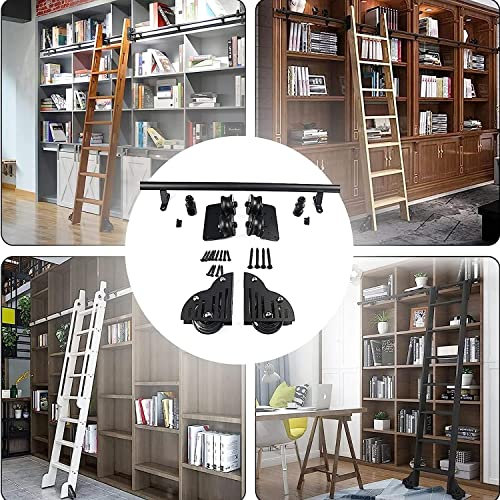 Rolling Ladder Hardware Kit for Library/Loft/Home/Indoor - Round Tube Mobile Ladder Track,Black Wrought Iron Wheel Roller + Extention Rail Full Set Kit (No Ladder) (Size : 16ft/500cm Track k