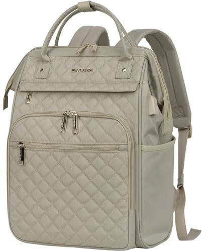 EMPSIGN Laptop Backpack Women 17 Inch, Large Laptop Rucksack Wide Open, College School Backpack with USB Charging Port, Water Repellent Travel Business Work Bag Computer Bookbag for Men, Beige