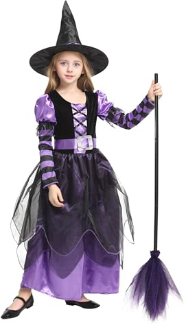 Cloudkids disfraz de bruja niña - disfraz de Halloween con sombrero y cinturón niños carnaval cosplay traje + escoba (7-9 años)