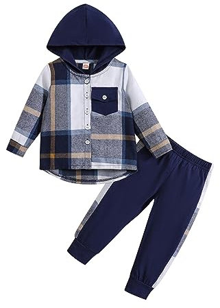 Qiraoxy Kleinkind Baby Jungen Kleidung Langarm Plaid Kapuzenpullover Top + Sweatpants Outfit 2pcs Kinder Sweatshirt Trainingsanzug Outfits Sets