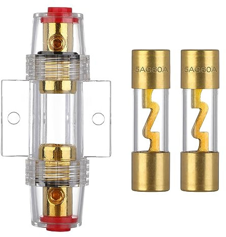 VEXUNGA AGU Sicherungshalter 60A Vergoldet Glassicherung Inline für Auto Audio Power Schutz Mit 2 Stück 60 Ampere AGU Sicherung Glasrohr