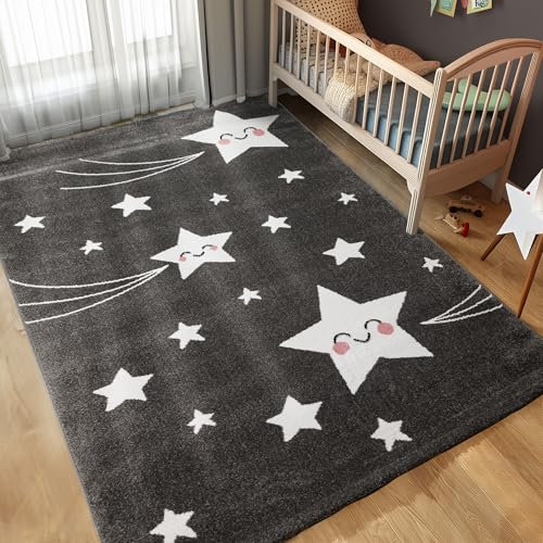 Carpettex Kinderteppich süße Stern Design Grau 140 x 200 cm - Kurzflor Teppich Kinderzimmer für Mädchen und Jungen Pflegeleicht Weich - Waschbarer Spielteppich Babyteppich Gaming Teppich Babyzimmer