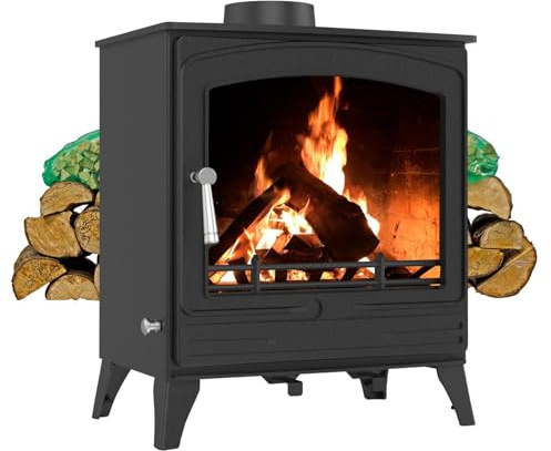 RoyalFire 8.5kW Steel Eco DEFRA Approved Multifuel Stove with Firewood Starter Kit - High Heat Output Wood & Charcoal Burning Freestanding Fireplace, Energy Efficient Home Heater Home Heating Set