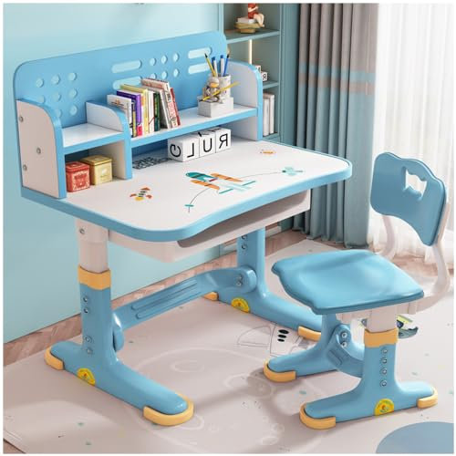 SINBINTA Höhenverstellbarer Kinder-Schreibtisch und Stuhl-Set, Rutschfester Stabiler Schreibtisch Mit Schublade, Bücherregal, Cartoon-Muster für Jungen und