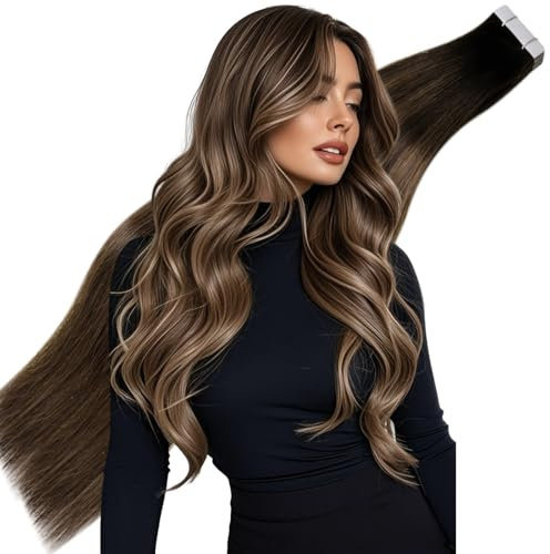Hetto Tape Extensions Echthaar Balayage Tape in Extensions Echthaar 45 cm Balayage Dunkelstes Braun to Licht Braun Seidig Gerade Invisible Tape Klebe Remy Haarverlangerung 20pcs 50g #2/8/2