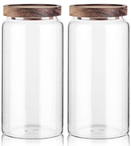 Labina Lot de 2 bocaux de conservation en verre avec couvercle en bois - Avec couvercle - Pour sucre, biscuits, spaghetti, noix et bonbons - 2 x 1200 ml