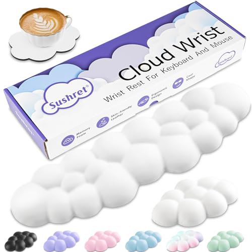 Sushret Cloud Wrist Rest Keyboard, Cloud Palm Rest Set with PU Leather Memory Foam, Cute Keyboard Rest for Wrist Support and Arm Rest, Desk Cloud Wrist Pad for PC/Gaming/Hand Cushion/Computer-White