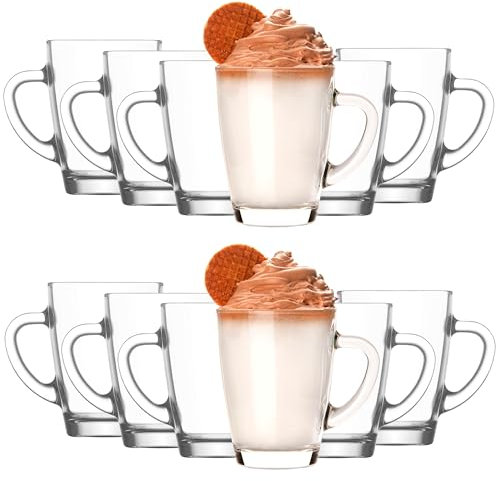 KIAPPO Kaffeegläser Set 300 ml - 12 Stück Gläser - Tee Gläser - Cocktailgläser - Trinkgläser - Latte Macchiato - Hochgläser mit Henkel - 80 x 80 x 106 mm