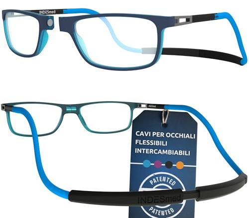 INDESMED – Lunettes de lecture magnétiques anti lumière bleue – Aimantées, réglables et légères – Moderne & Cordon interchangeable – Lunettes pour écran et lecture Homme/Femme (Bleu, 3, Dioptres)