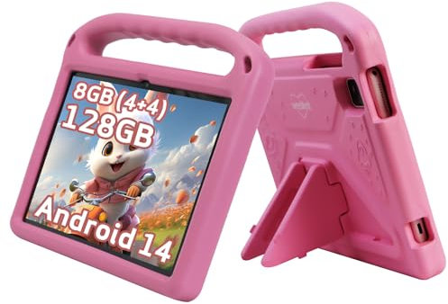 weelikeit Tableta para niños Mejorada 2024 de 10 Pulgadas, Tableta Android 14 para niños con Estuche, 8 (4 + 4) GB de RAM, 128 GB de ROM, Bluetooth, WiFi, Control Infantil,6000 mAh,cámara Dual (Rosa)