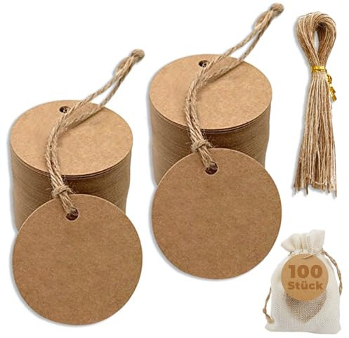 Rund Geschenkanhänger Kraftpapier Etiketten 5 cm, 100 Stück Hängeetiketten und Juteschnur, für Handwerk, Hochzeit, Weihnachten, Geschenkverpackung, Wahletiketten, Preisschilder(Braun)