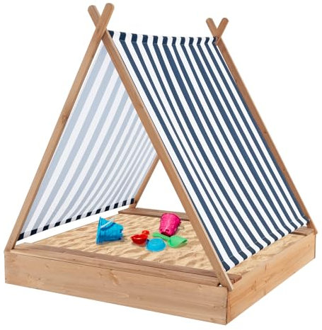 DREAMADE Bac à Sable en Bois avec Auvent pour Enfants, Tente et Bac à Sable, Cadre en Bois de Sapin, 2 Banquettes, Fond Ouvert, Jeu de Plein Air pour Enfants, pour Pelouse, Plage, Jardin