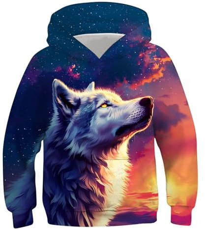 Goodstoworld 3D Pullover Kinder Wolf Druck Jungen Pulli Mädchen Hoodie Sweatshirt Kinder Galaxi Kapuzenshirt Kapuzenpullover Coole Lustig Pulli 6-8 Jahre