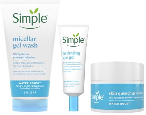 Simple Water Boost Skin Quench Gel Face Cream for Dry Skin 50 ml + Micellar 100% Soap-Free Face Cleanser Gel 150 ml & Hydrating Eye Gel 25 ml