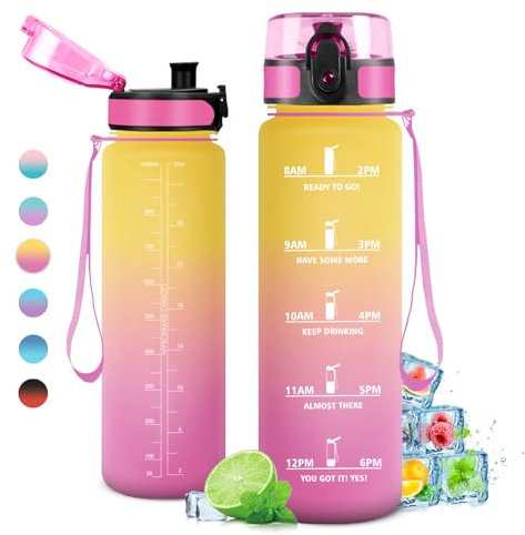 Trinkflasche 1L, Wasserflasche Auslaufsicher, Sport Trinkflasche Kohlensäure Geeignet, Trinkflasche Fahrrad mit Zeitmarkierung und Filter, für Kinder, Erwachsener, Büro, Sport, Outdoor, Fitness